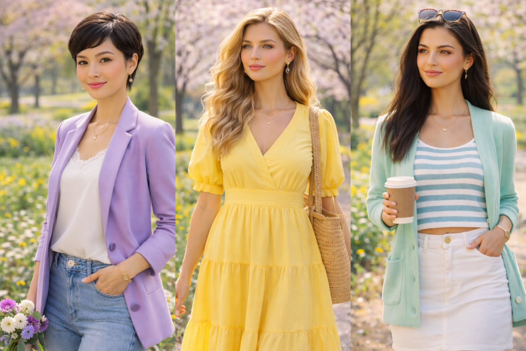 Spring fashion collage 2026 featuring three women with different hairstyles wearing pastel outfits: lavender blazer, yellow dress, and mint green casual look in a blooming park.