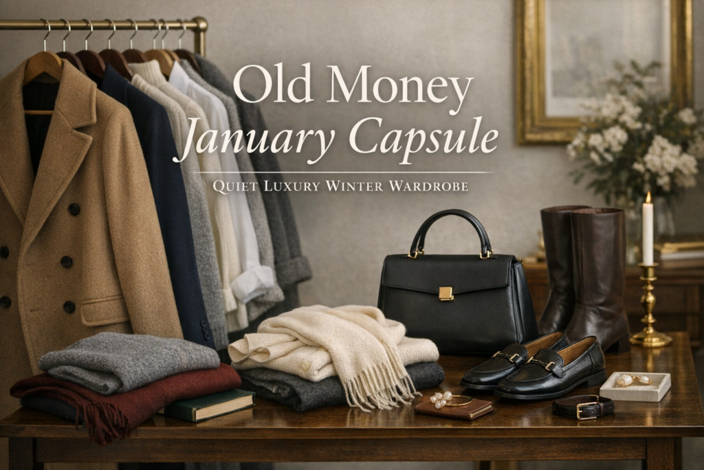 Old money January capsule wardrobe flat lay with wool coat, knitwear, loafers, leather bag, and neutral winter tones.