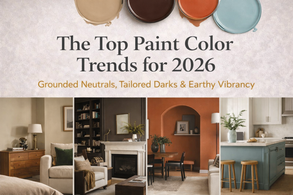 2026 paint color trends collage with khaki, espresso, terracotta and frosted aqua swatches, plus modern room vignettes for each shade.