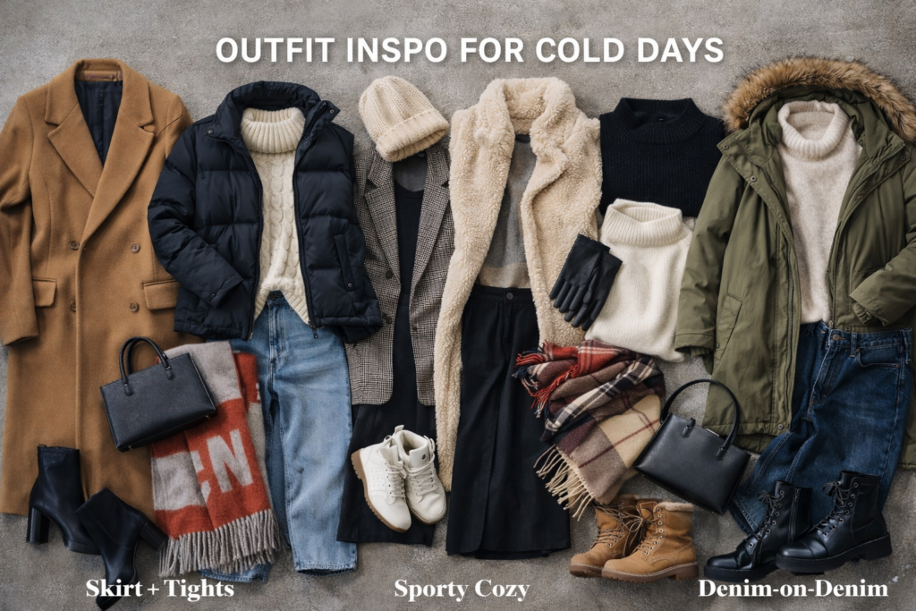 Flatlay winter outfit essentials for cold days – coats, knits, scarves, boots and accessories