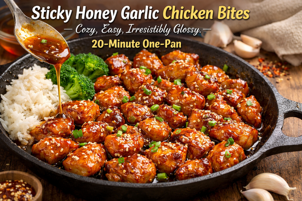 Sticky Honey Garlic Chicken Bites – Cozy, Easy, Irresistibly Glossy (20-Minute One-Pan)