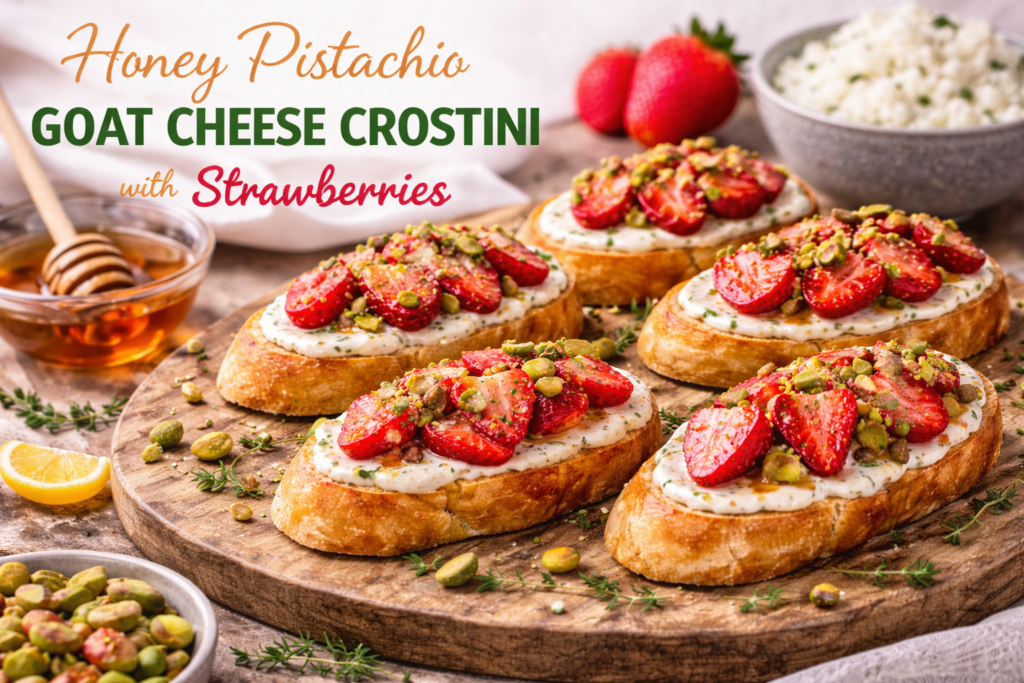 Honey Pistachio Goat Cheese Crostini with Strawberries
